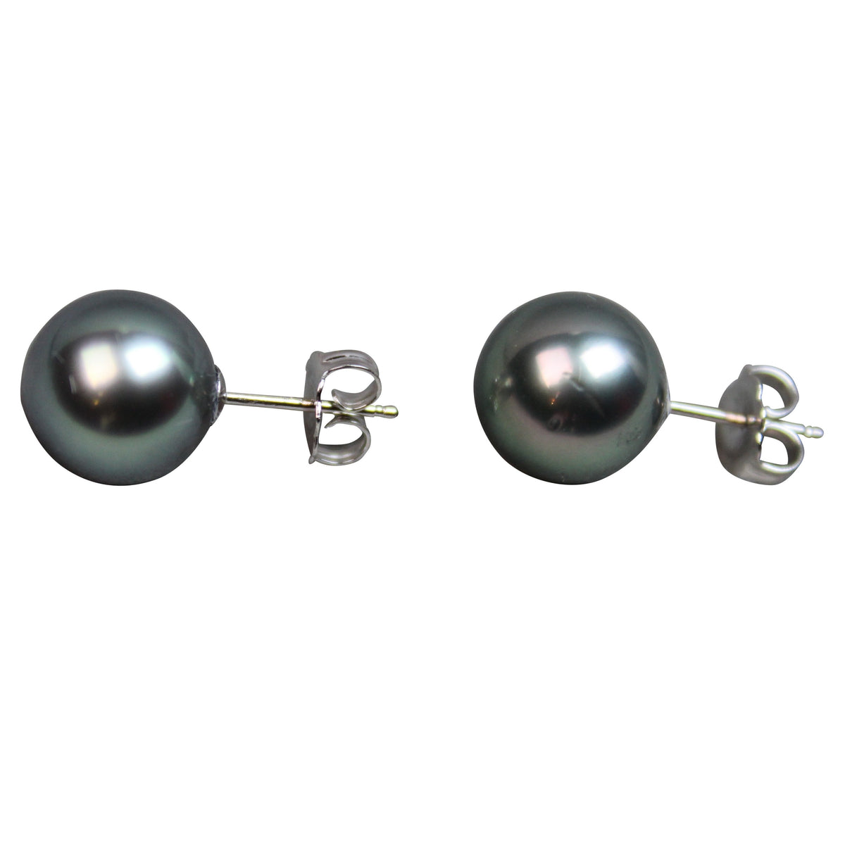 Tahitian Pearl Stud Earrings | AAA 8mm Natural Black Round Tahitian Pearls  | 14k White Gold Posts